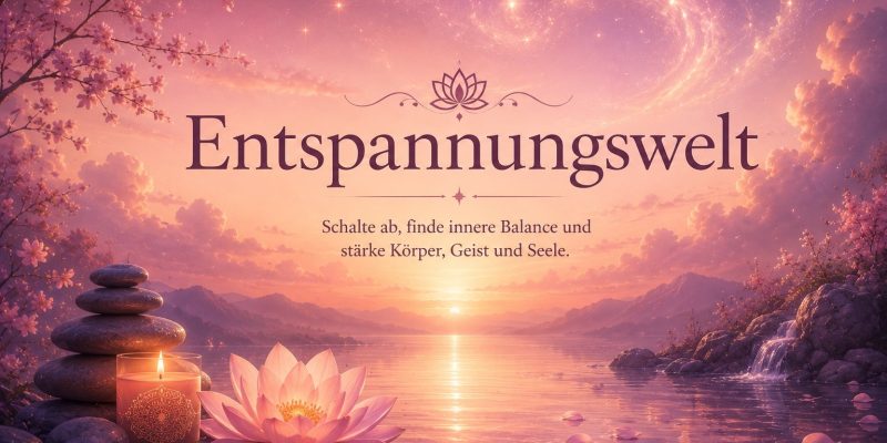 Entspannungswelt mit Lotusblüte, Kerze und ruhiger Landschft